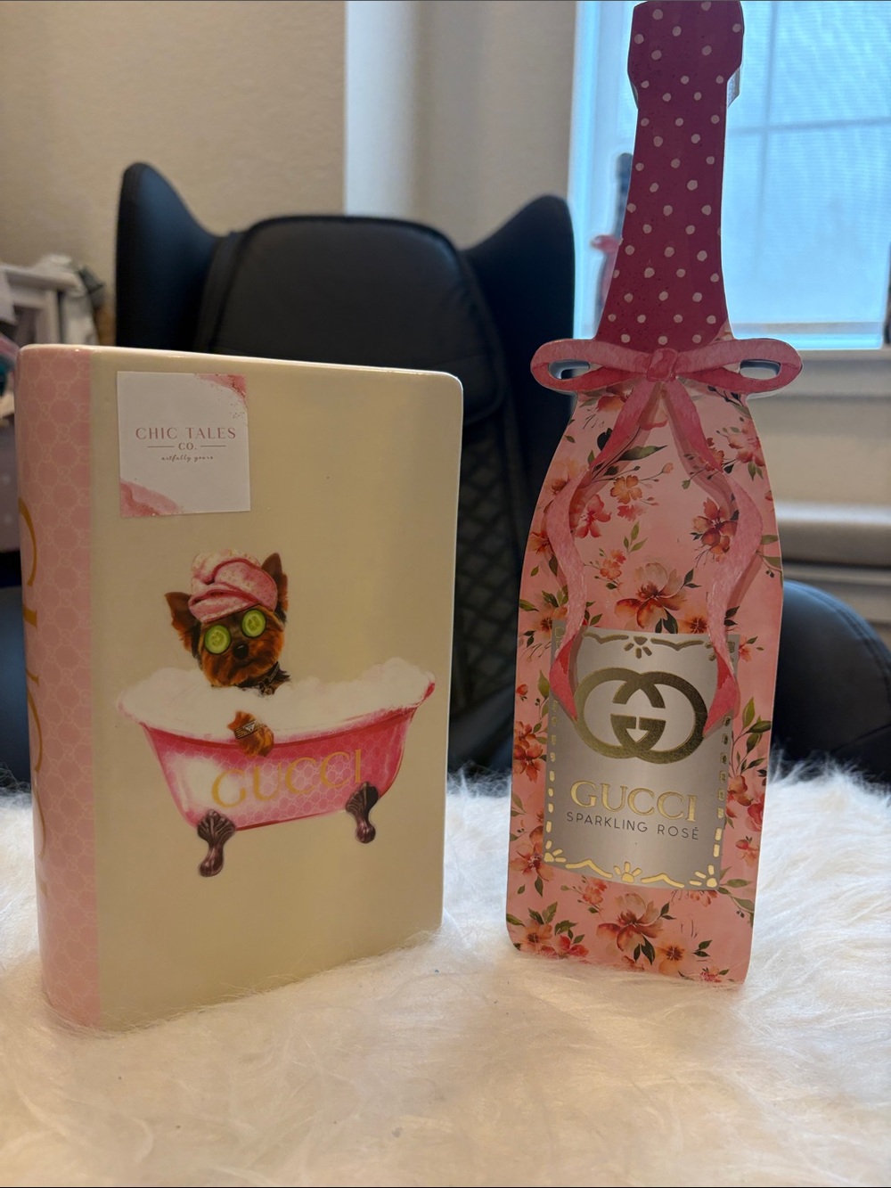 New Gucci Yorkie Ceramic Vase & Wood Sparkling Champagne bottle Home Decor Set